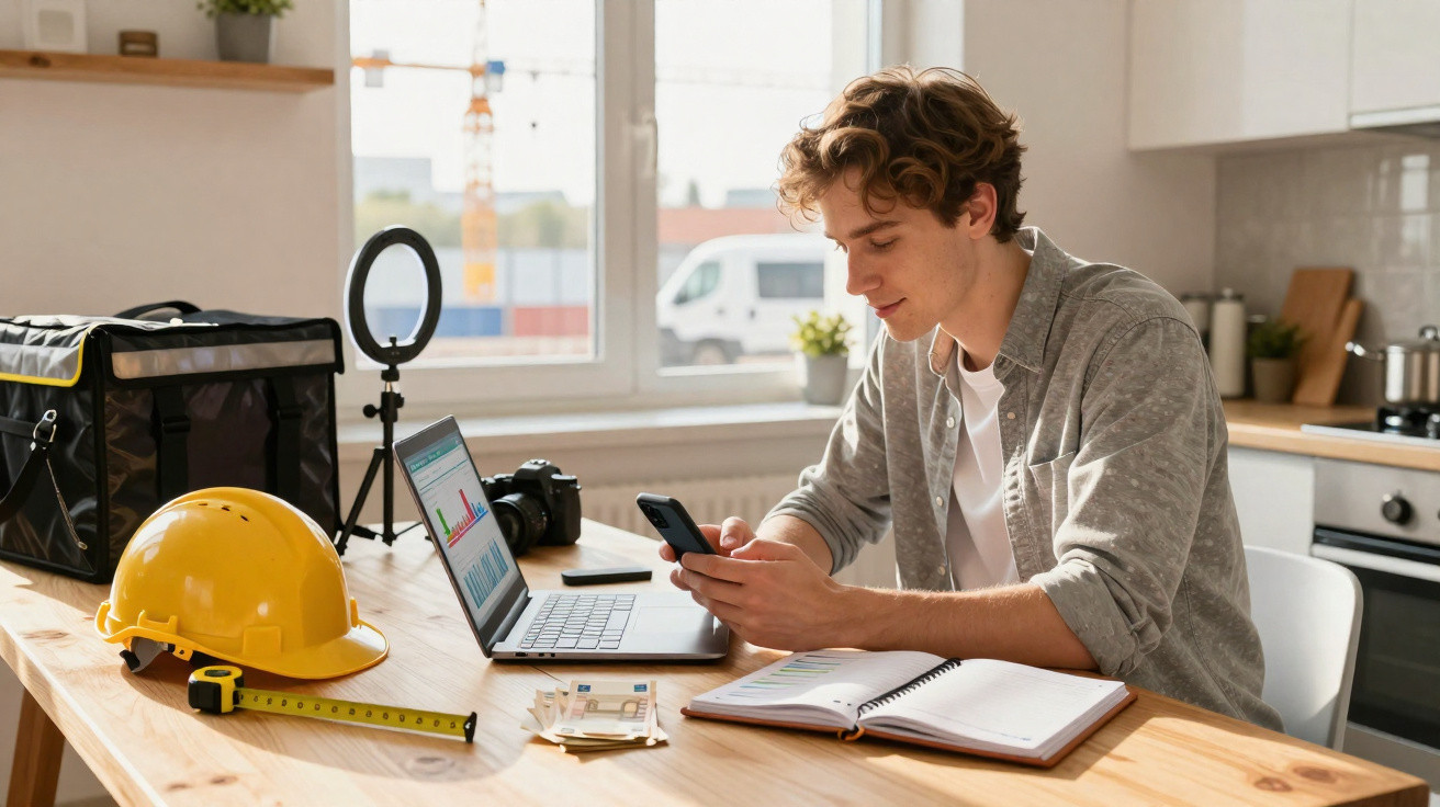 Jovem sentado à mesa com computador, telemóvel, caderno e equipamentos de construção numa cozinha luminosa.