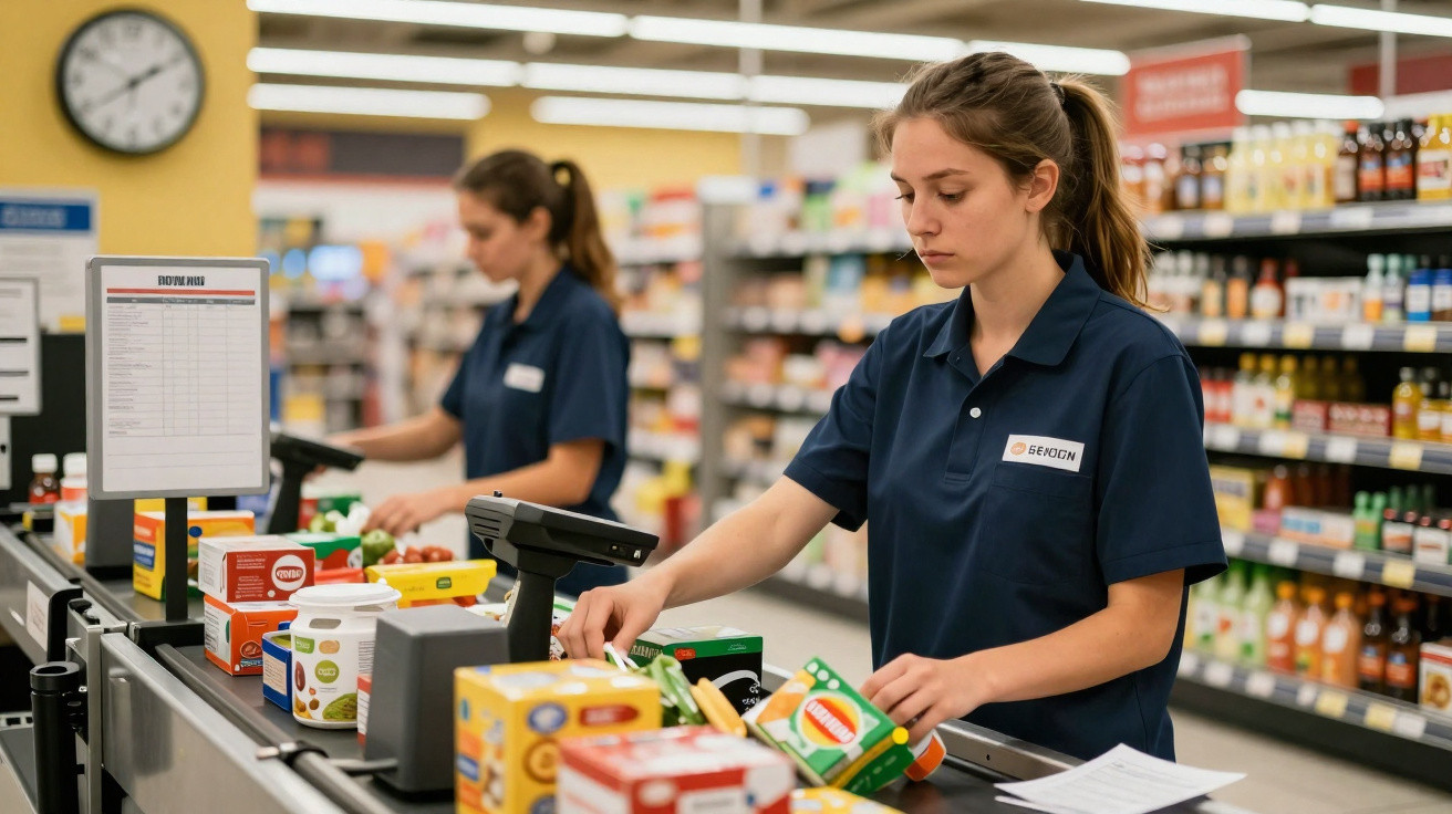Duas operadoras de caixa a trabalhar num supermercado com vários produtos nas filas para pagamento.