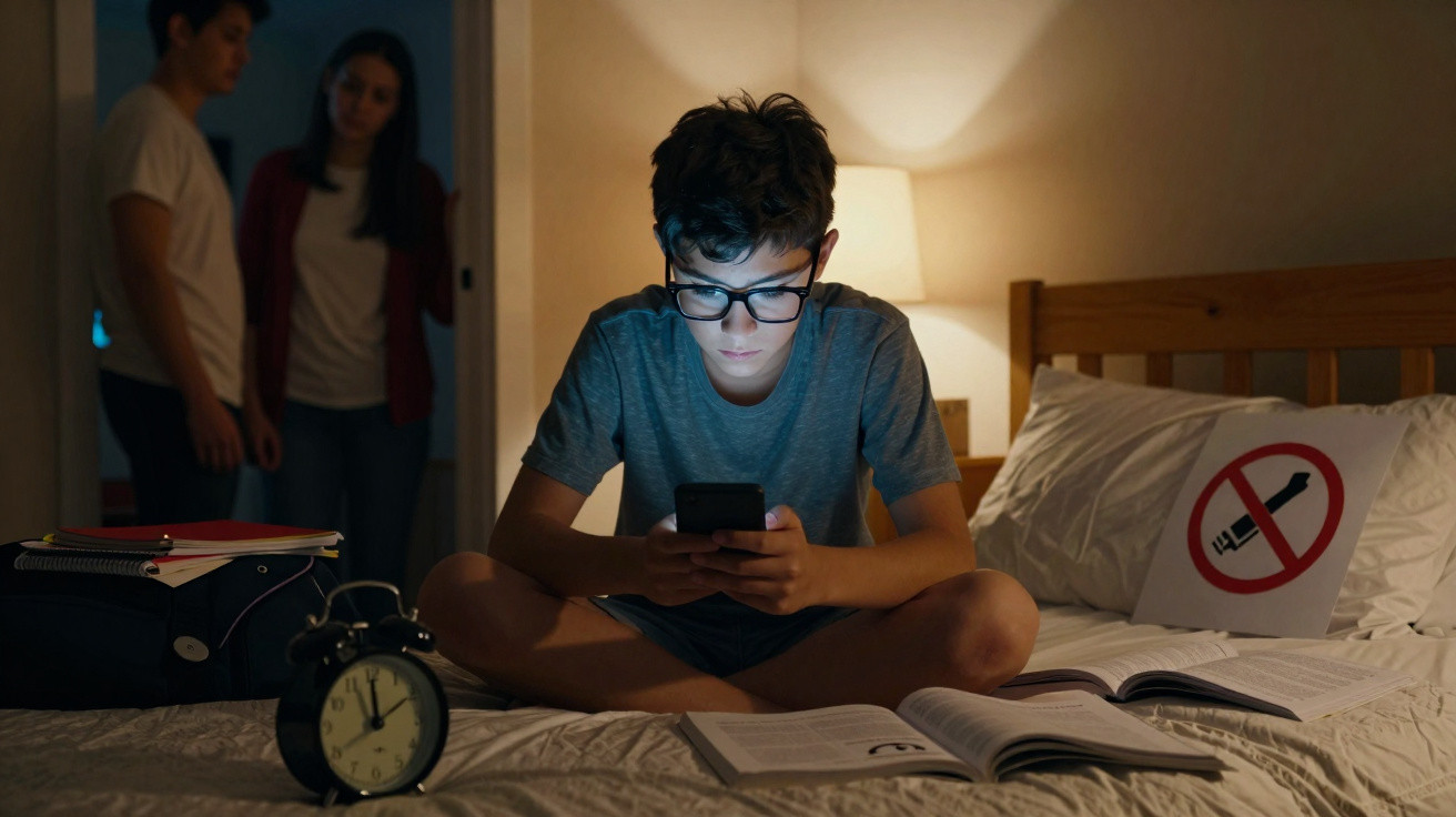 Adolescente sentado na cama a usar telemóvel, com livros abertos e pais preocupados ao fundo, símbolo anti-drogas.