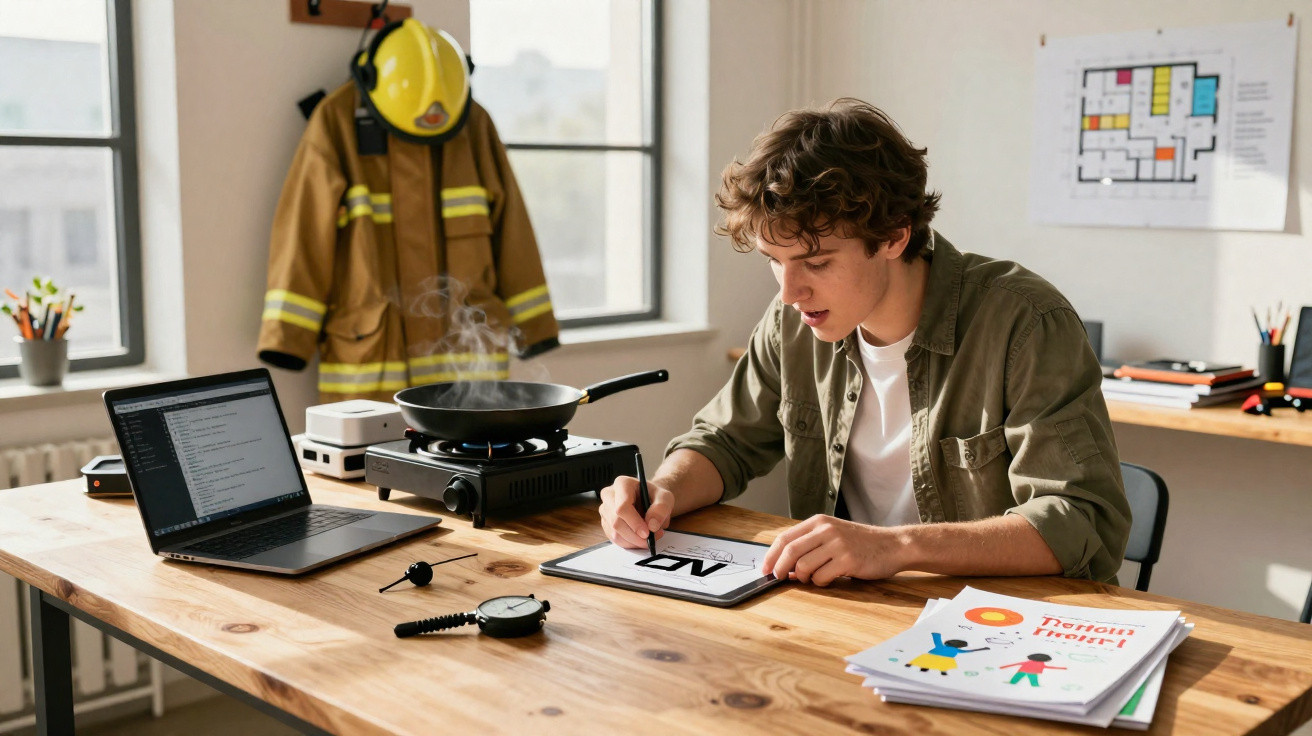 Jovem a desenhar num tablet digital numa mesa com portátil, frigideira a cozinhar e fato de bombeiro ao fundo.