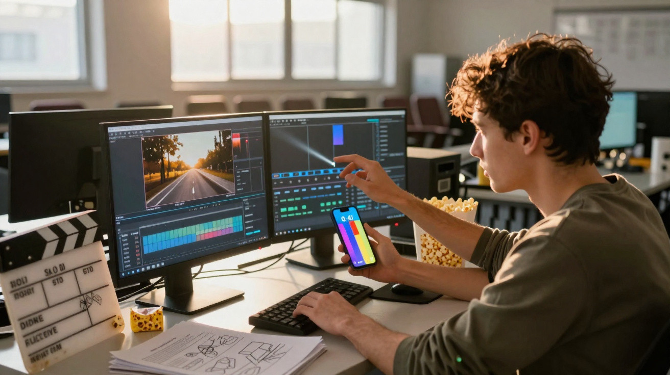 Jovem a editar vídeo em computador com dois ecrãs e a usar telemóvel numa sala de escritório iluminada.