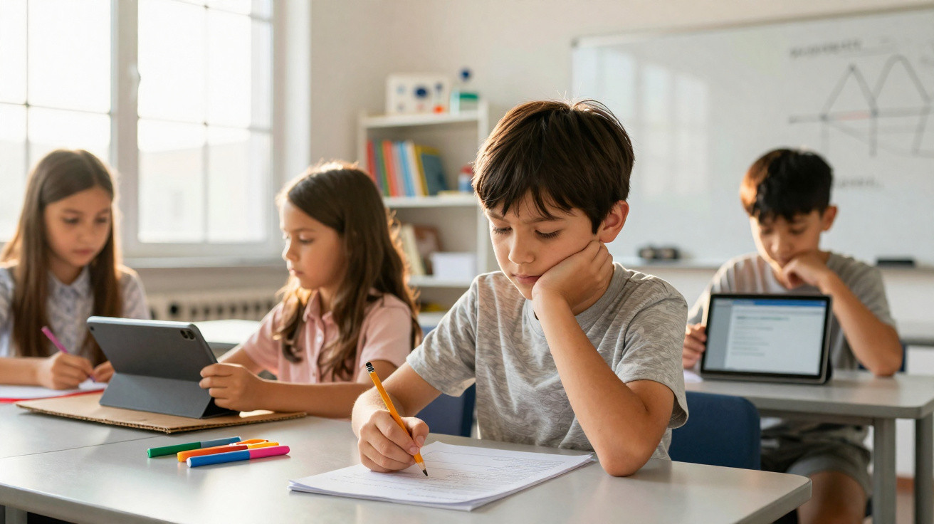 Crianças numa sala de aula a estudar, algumas a escrever, outras a usar tablets.
