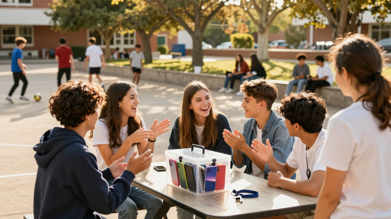 Jovens sentados à mesa ao ar livre, sorrindo e a conversar num dia ensolarado.
