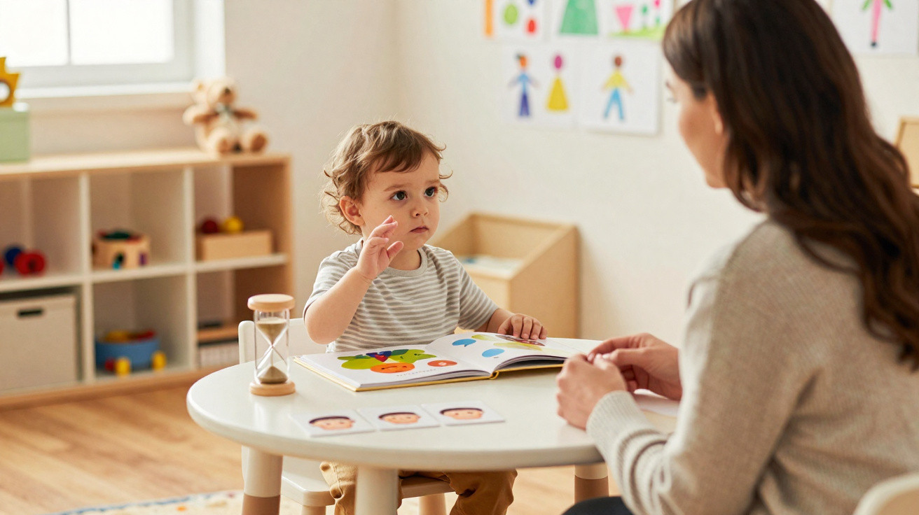 Criança sentada a aprender com uma adulta numa mesa redonda num ambiente educativo acolhedor.
