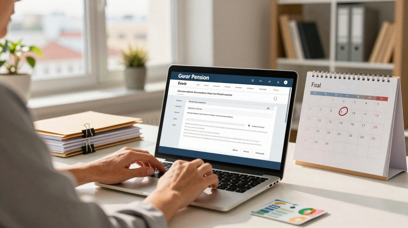 Pessoa a usar computador portátil num escritório com calendário e documentos na secretária.