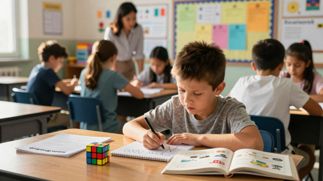 Crianças na sala de aula a estudar, com professor a ajudar e material escolar sobre a mesa.