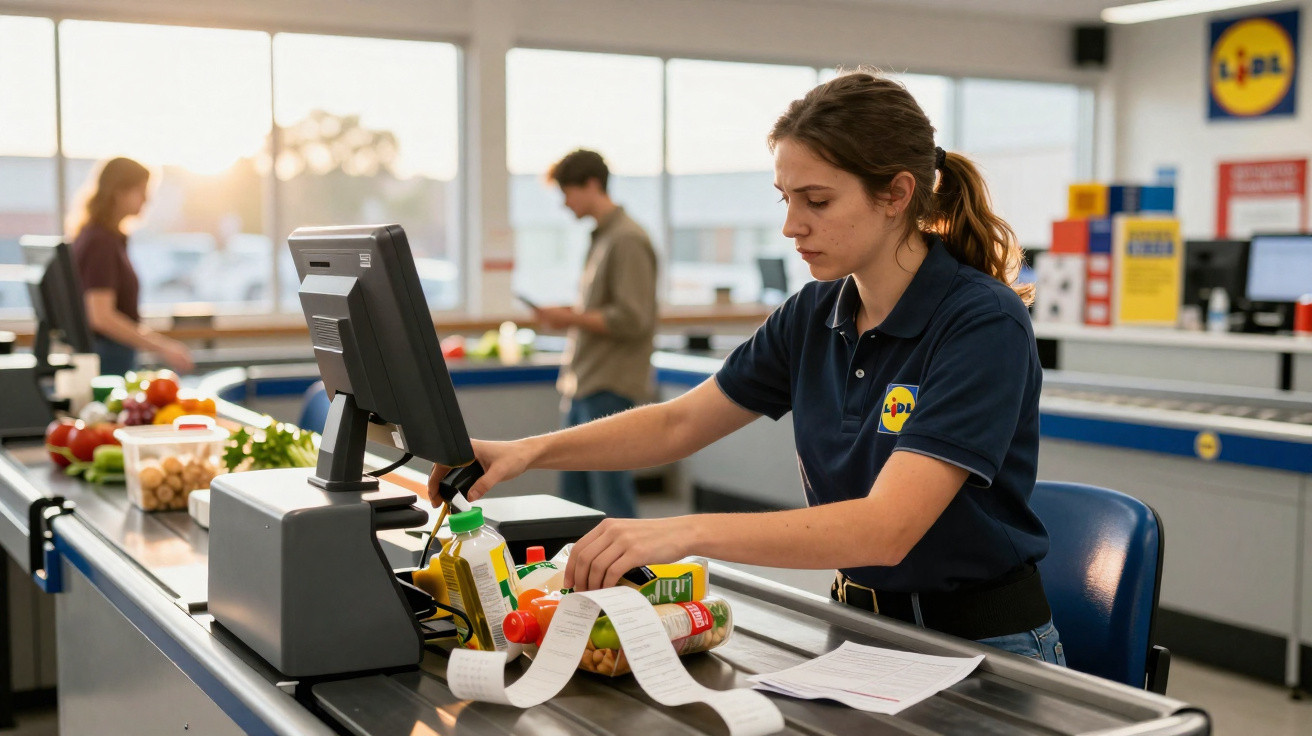 Funcionária a registar compras num supermercado Lidl com clientes ao fundo.