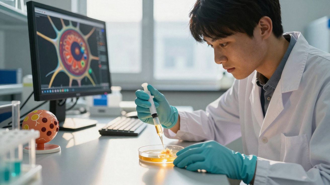 Cientista em laboratório a usar pipeta para manipular amostra em placa de Petri com imagem de célula no ecrã.