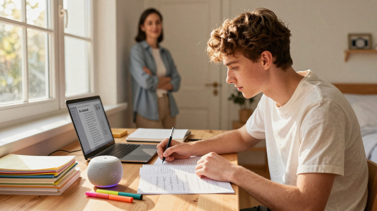 Jovem a estudar à secretária com computador portátil e assistente virtual, mulher observa ao fundo.