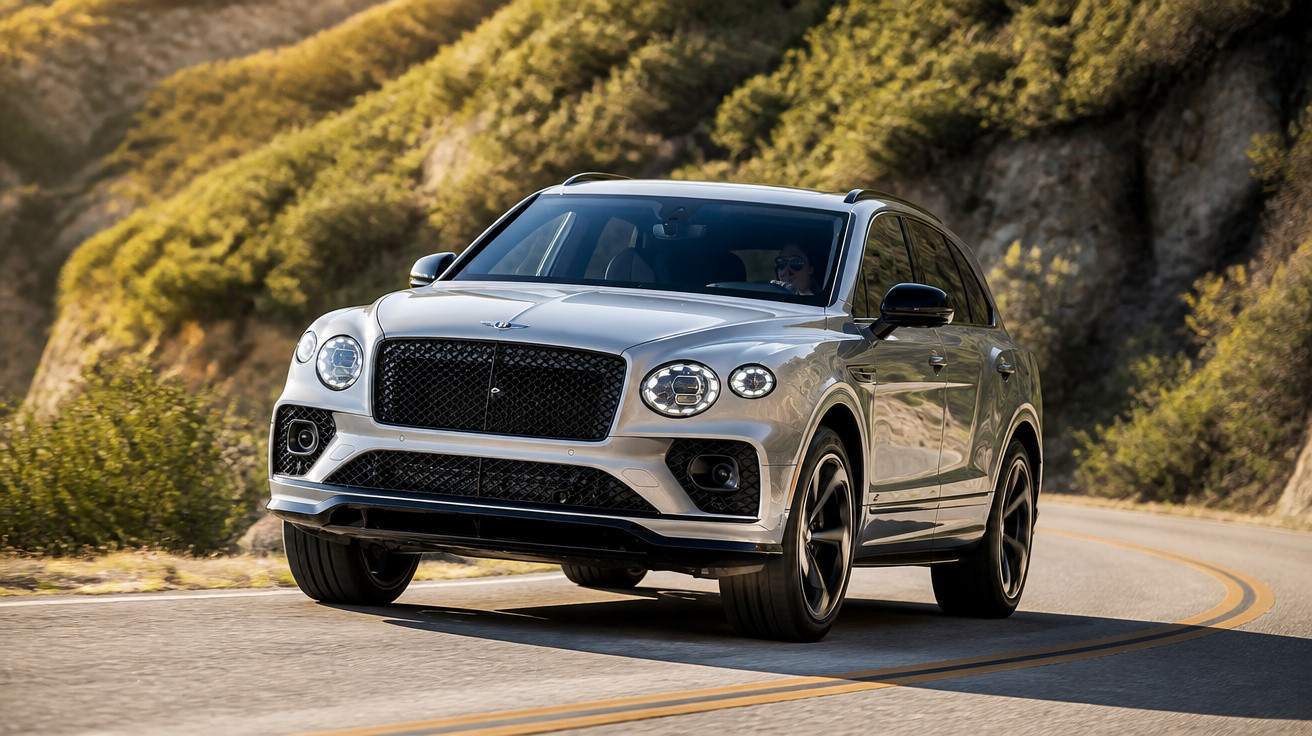 Carro SUV Bentley cinza a circular numa estrada sinuosa junto a rochedos e vegetação.