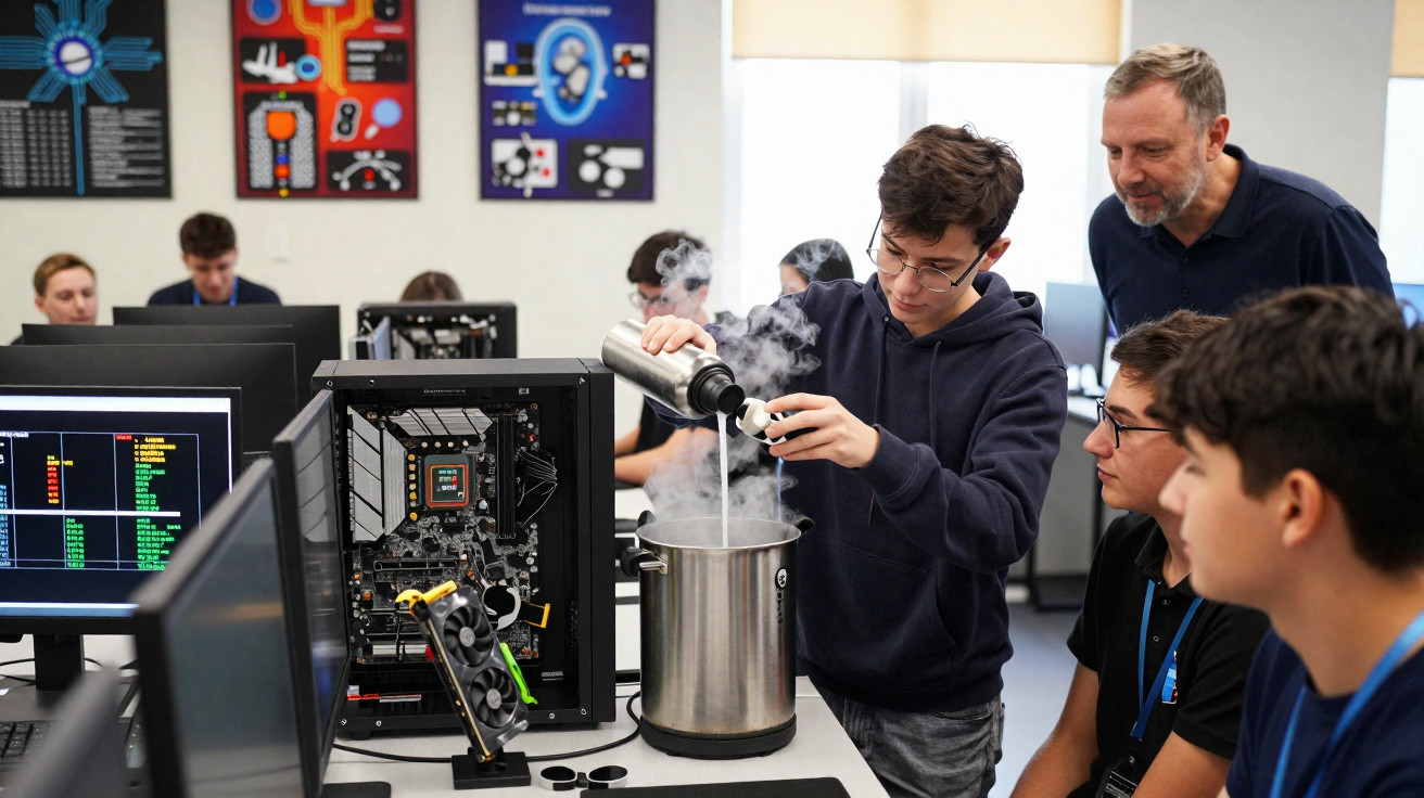 Alunos e professor num laboratório de informática, com um jovem a manusear um recipiente com nitrógeno líquido.