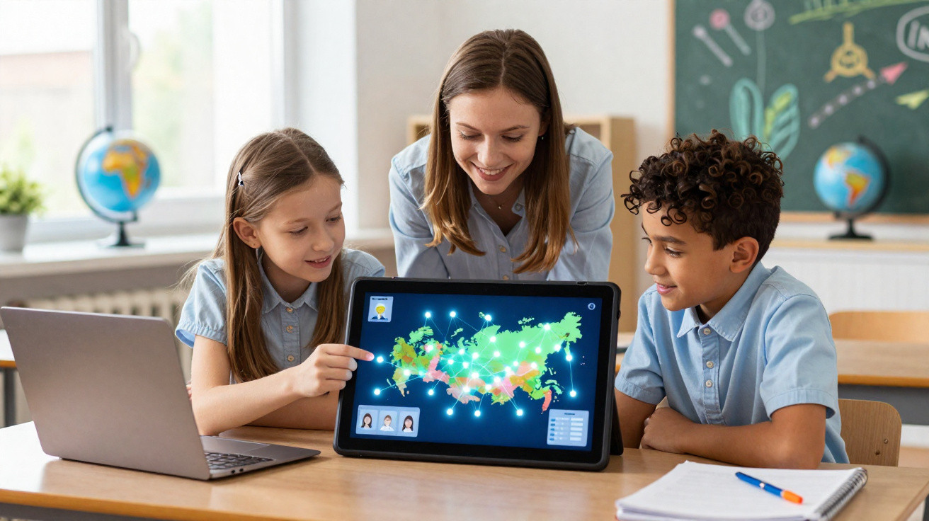 Professora e dois alunos analisam mapa digital interativo de rede geográfica numa sala de aula.