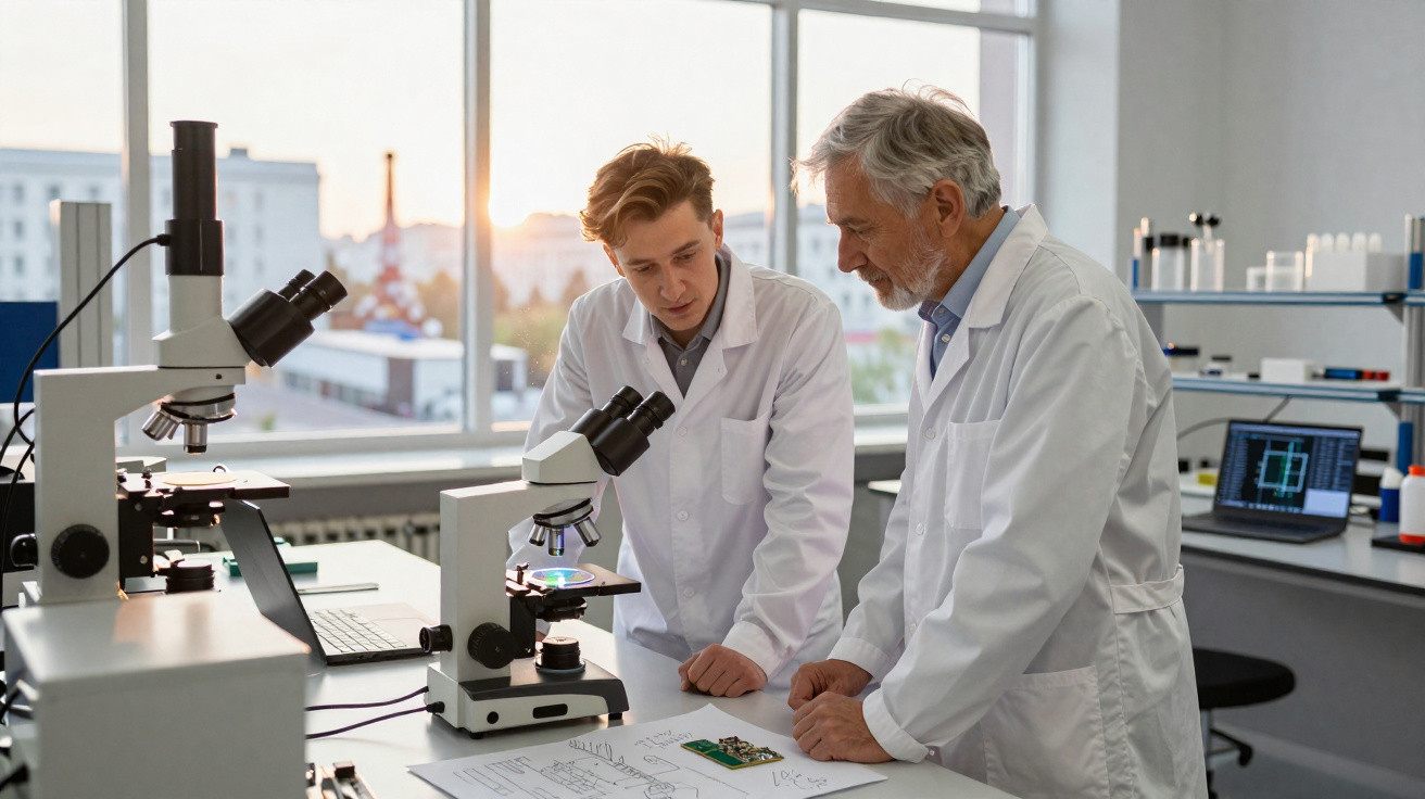 Dois cientistas de jaleco branco trabalham juntos num laboratório com microscópios e documentos técnicos.
