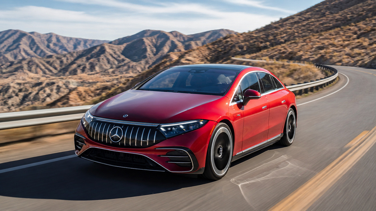 Carro Mercedes-Benz elétrico vermelho a circular numa estrada sinuosa entre montanhas áridas.