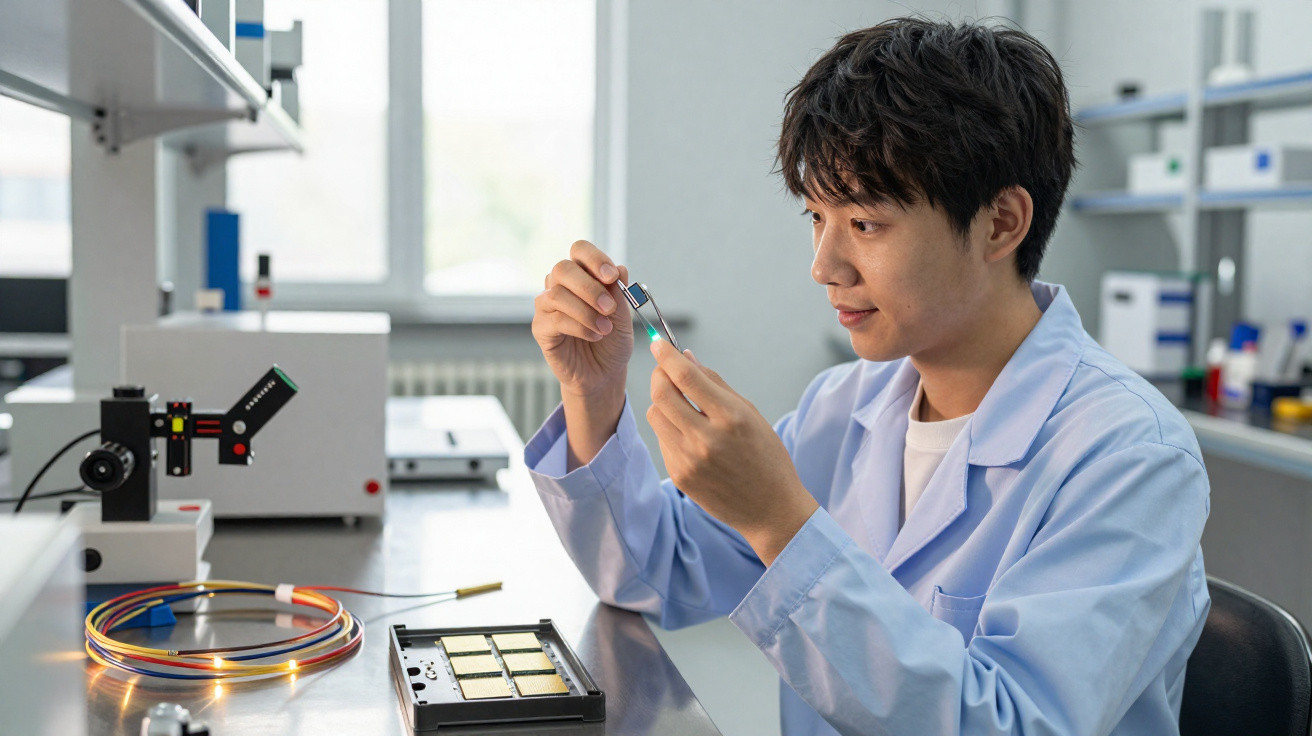Homem com bata de laboratório a examinar um componente eletrónico num laboratório moderno e bem iluminado.