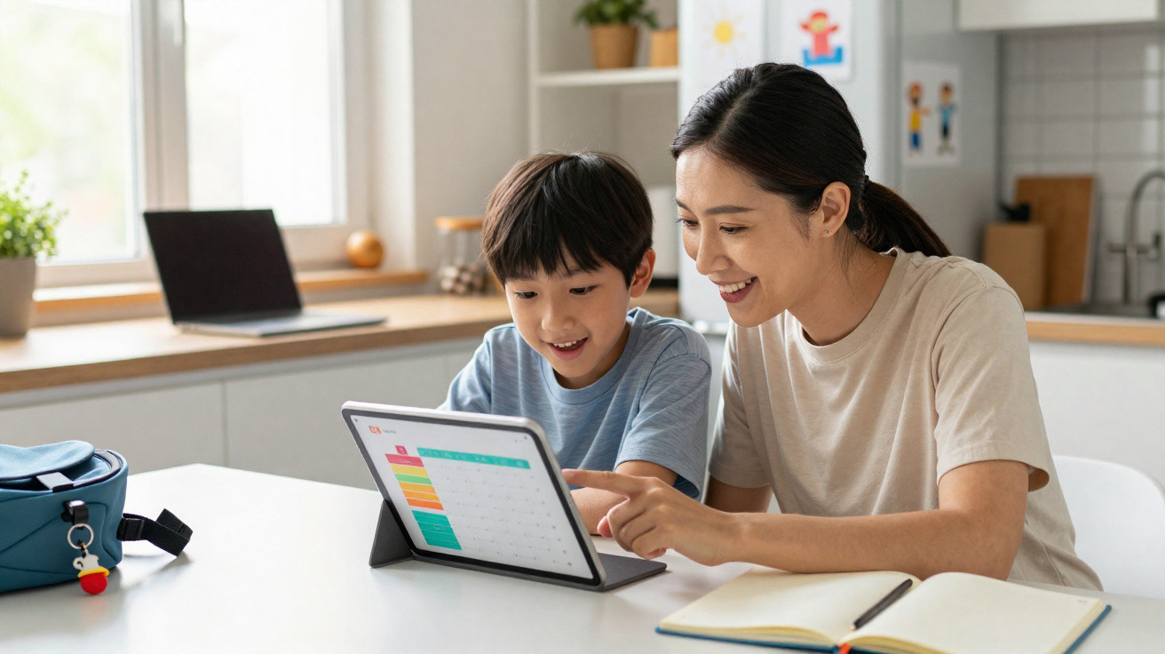 Mulher e menino sentados à mesa a olhar para um tablet com calendário numa cozinha iluminada.