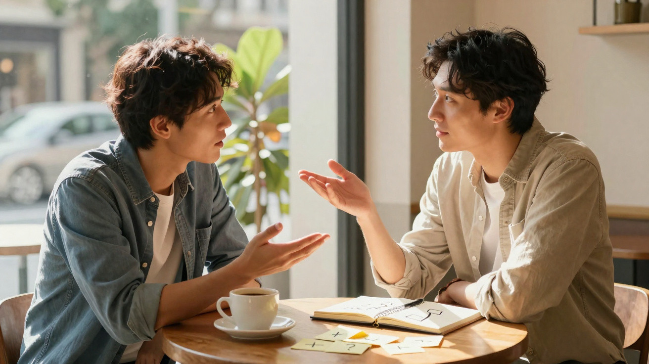Dois homens jovens conversam animadamente à volta de uma mesa com café e cadernos num café.