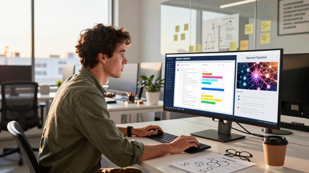 Homem a trabalhar num escritório com ecrã duplo a analisar gráficos e dados numa aplicação digital.
