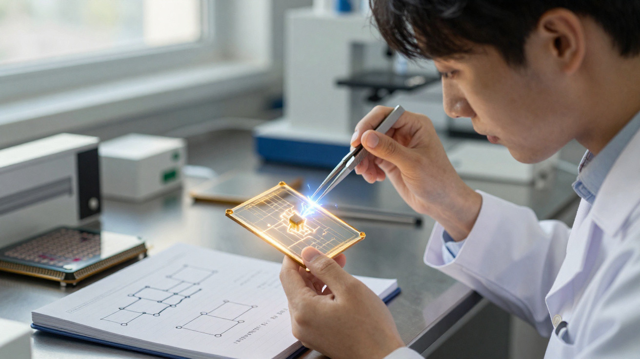 Cientista em laboratório examina circuito eletrónico com pinça e dispositivo brilhante nas mãos.
