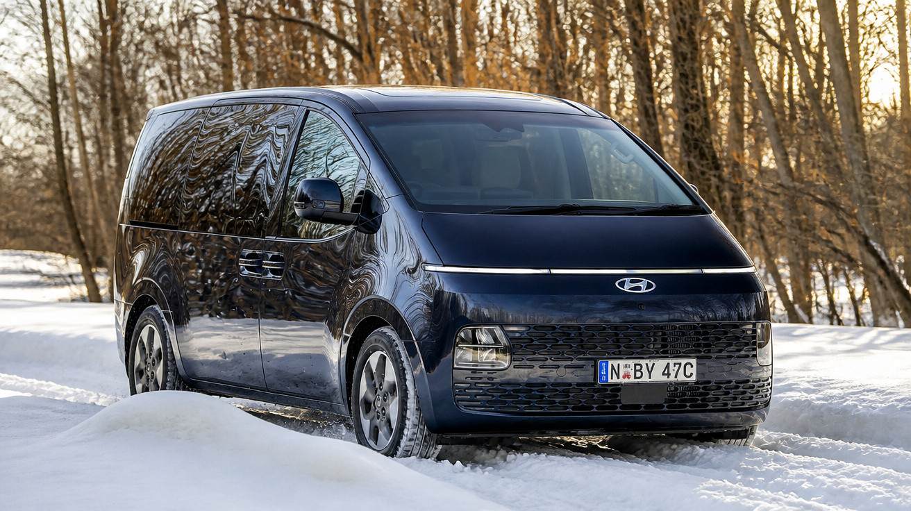 Van Hyundai preta estacionada na neve com árvores sem folhas ao fundo.