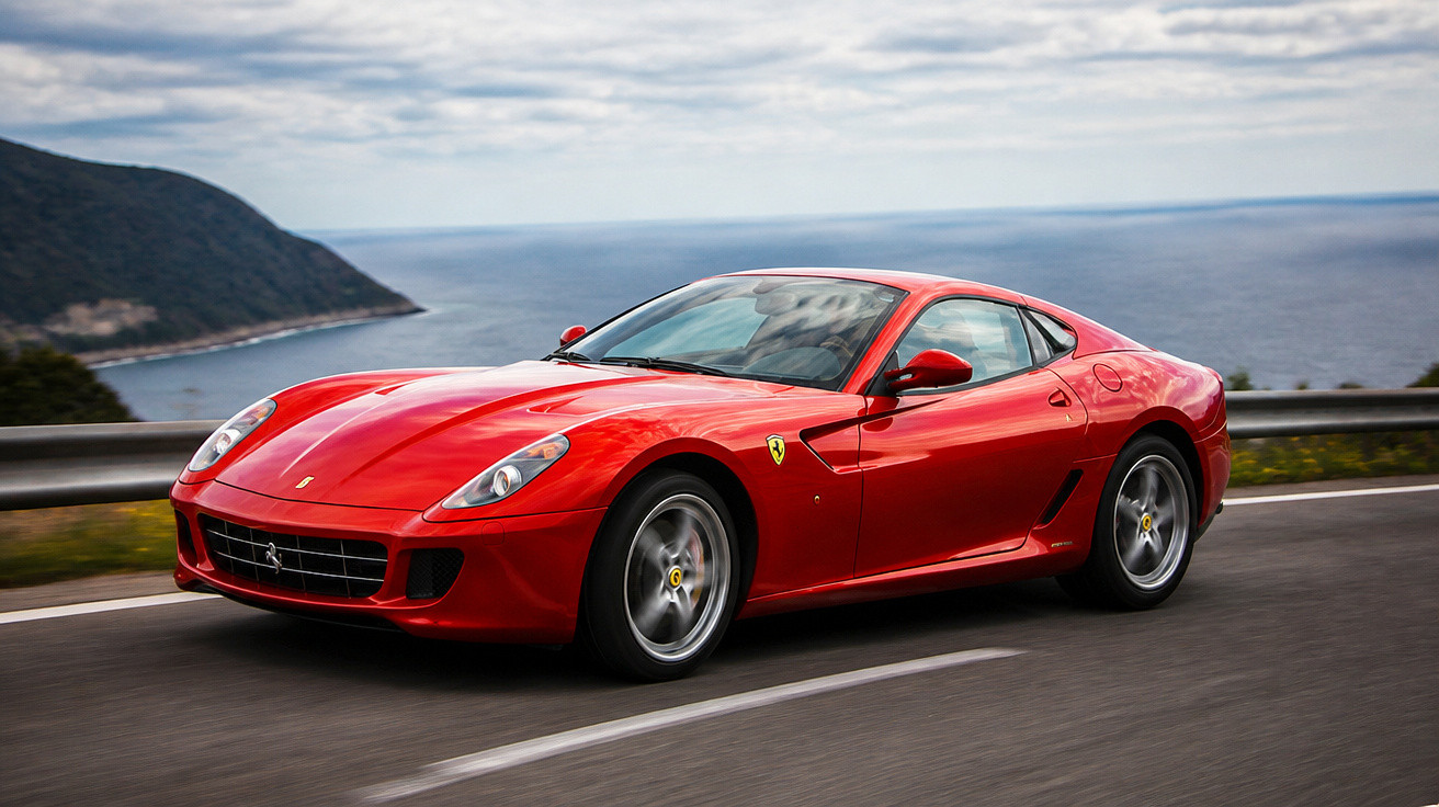 Carro desportivo Ferrari vermelho a circular numa estrada costeira com mar e montanhas ao fundo.
