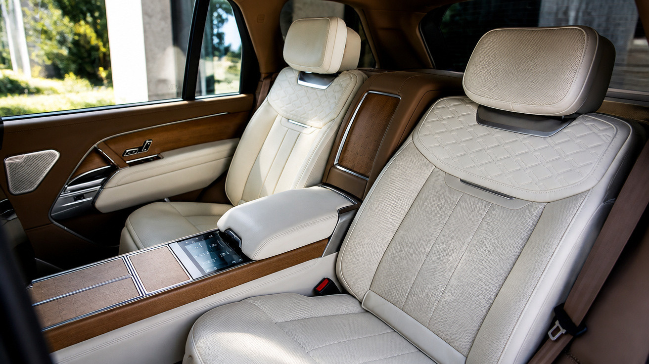 Interior de carro de luxo com bancos de couro bege e detalhes em madeira no painel e console central.
