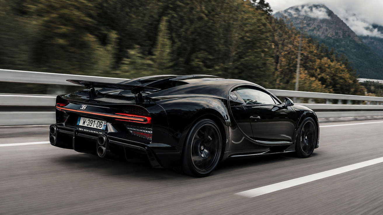 Carro desportivo Bugatti preto em movimento numa estrada com paisagem de montanha e árvores ao fundo.