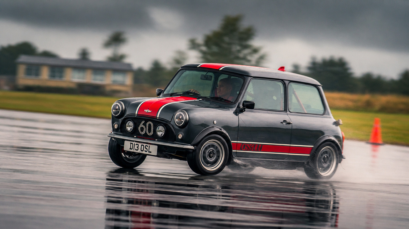 Carro clássico Mini Cooper preto com detalhes vermelhos a fazer deriva em pista molhada e céu nublado.
