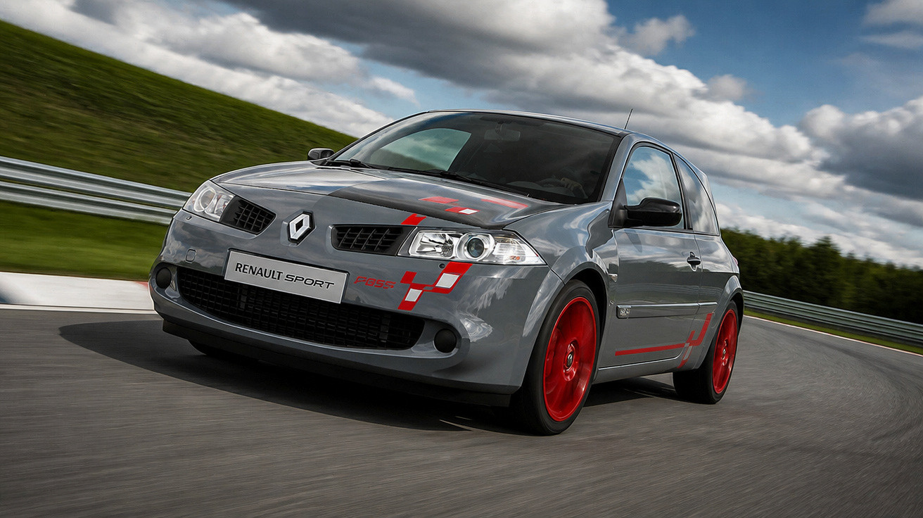 Renault Sport cinzento com detalhes vermelhos a fazer uma curva numa pista de corrida sob céu nublado.