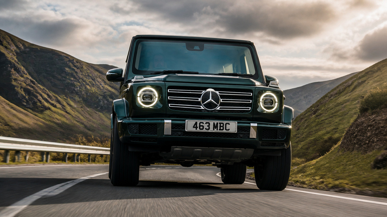 Carro Mercedes-Benz G-Class preto a circular numa estrada rodeada de montanhas ao entardecer.