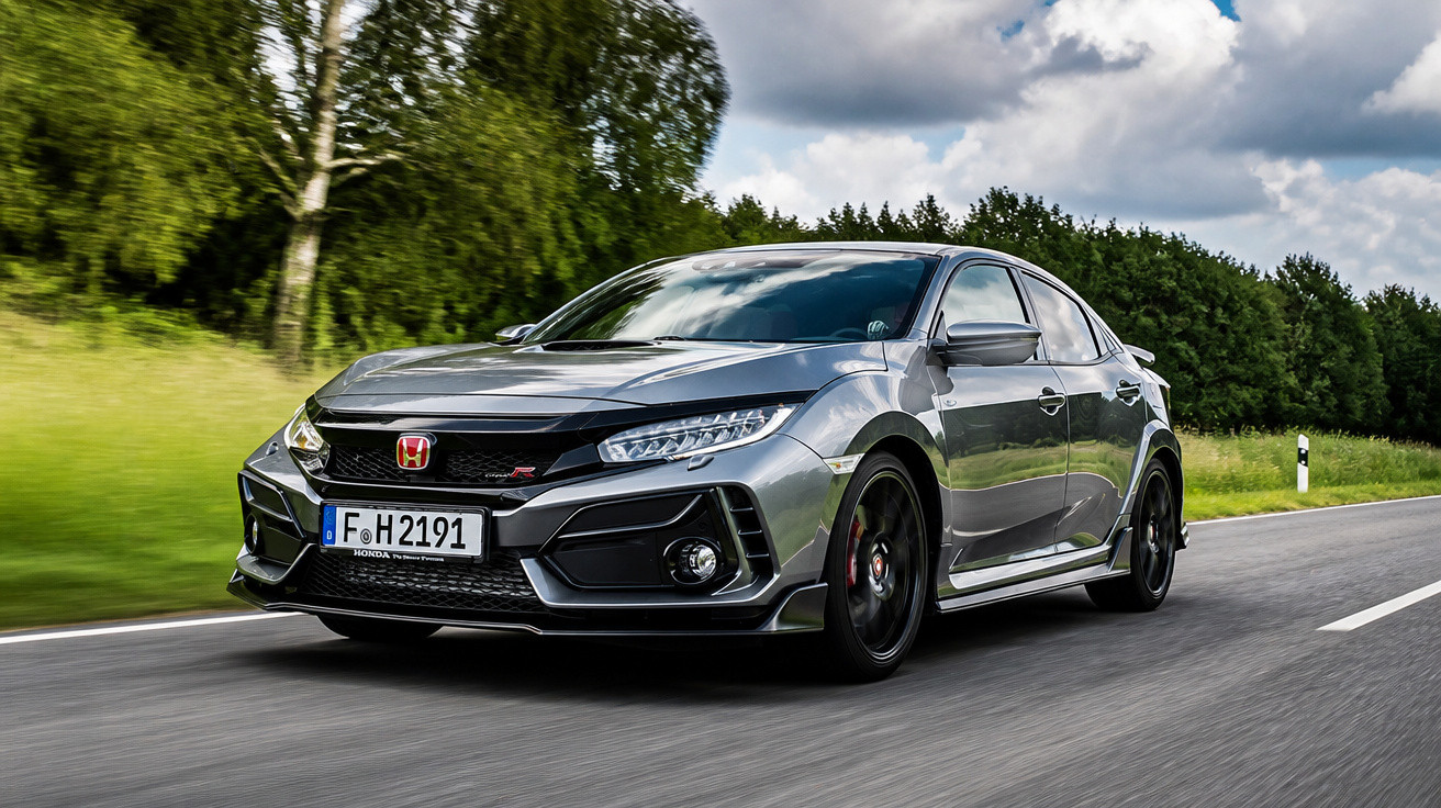 Carro desportivo Honda Civic Type R cinzento a alta velocidade numa estrada rodeada por árvores e relva.