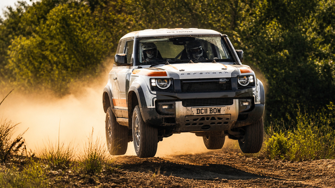 Carro de rally Land Rover Defender a saltar numa estrada de terra batida rodeada de árvores verdes.