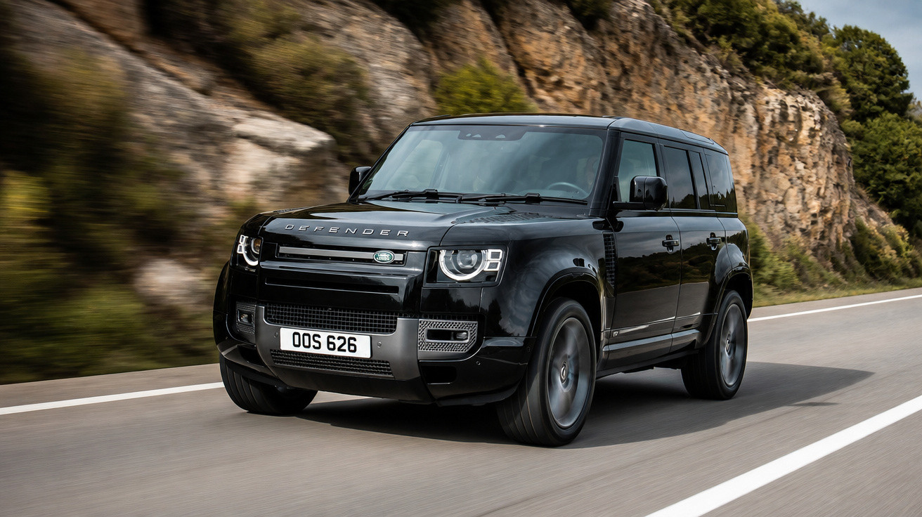 Carro SUV preto Land Rover Defender a circular numa estrada junto a penhascos e vegetação.