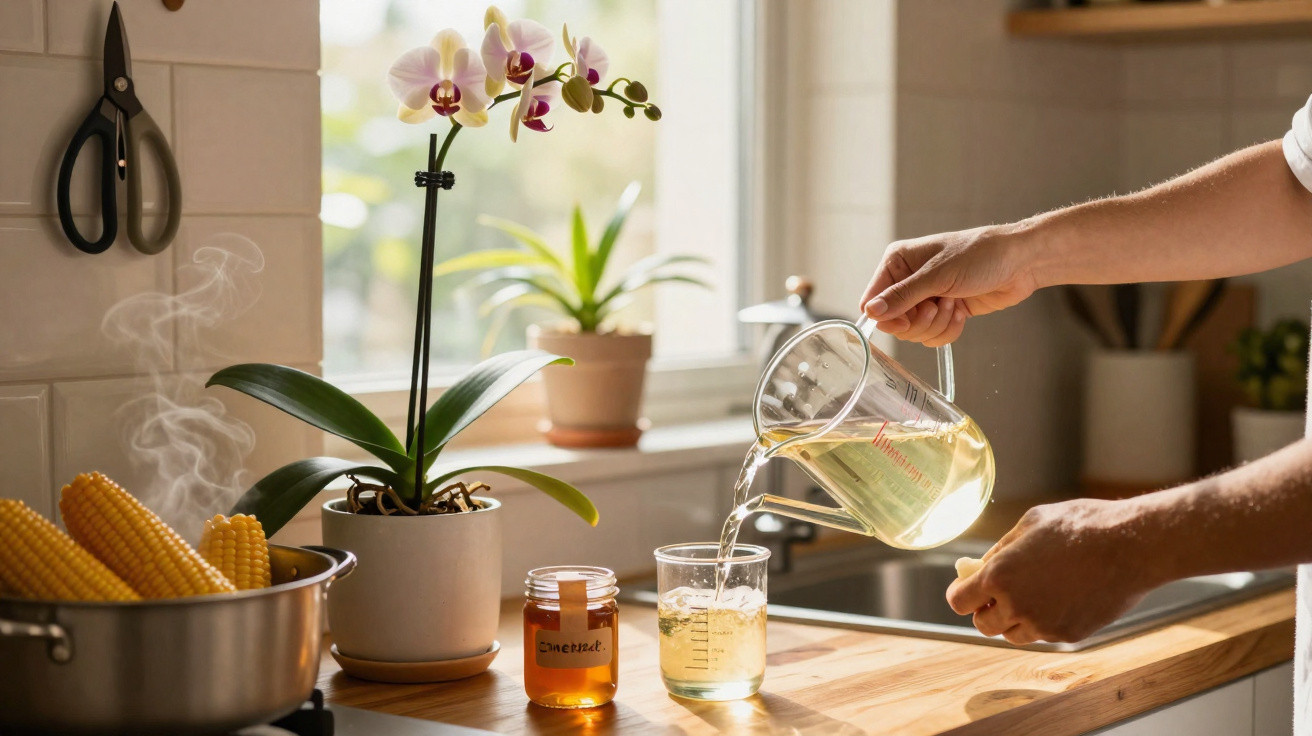 Pessoa a verter líquido de jarro para copo numa cozinha com orquídea, mel e milho quente no fogão.