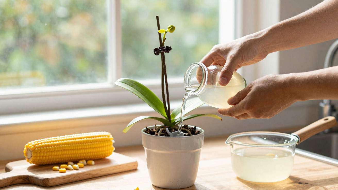 Pessoa a regar planta em vaso branco numa bancada de cozinha com milho à esquerda.