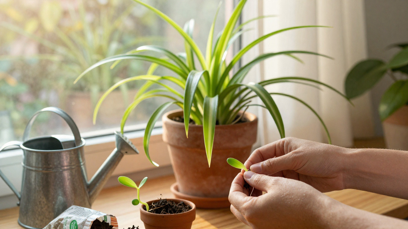 Mãos a cuidar de rebentos em vaso, com regador e planta maior junto a uma janela ensolarada.