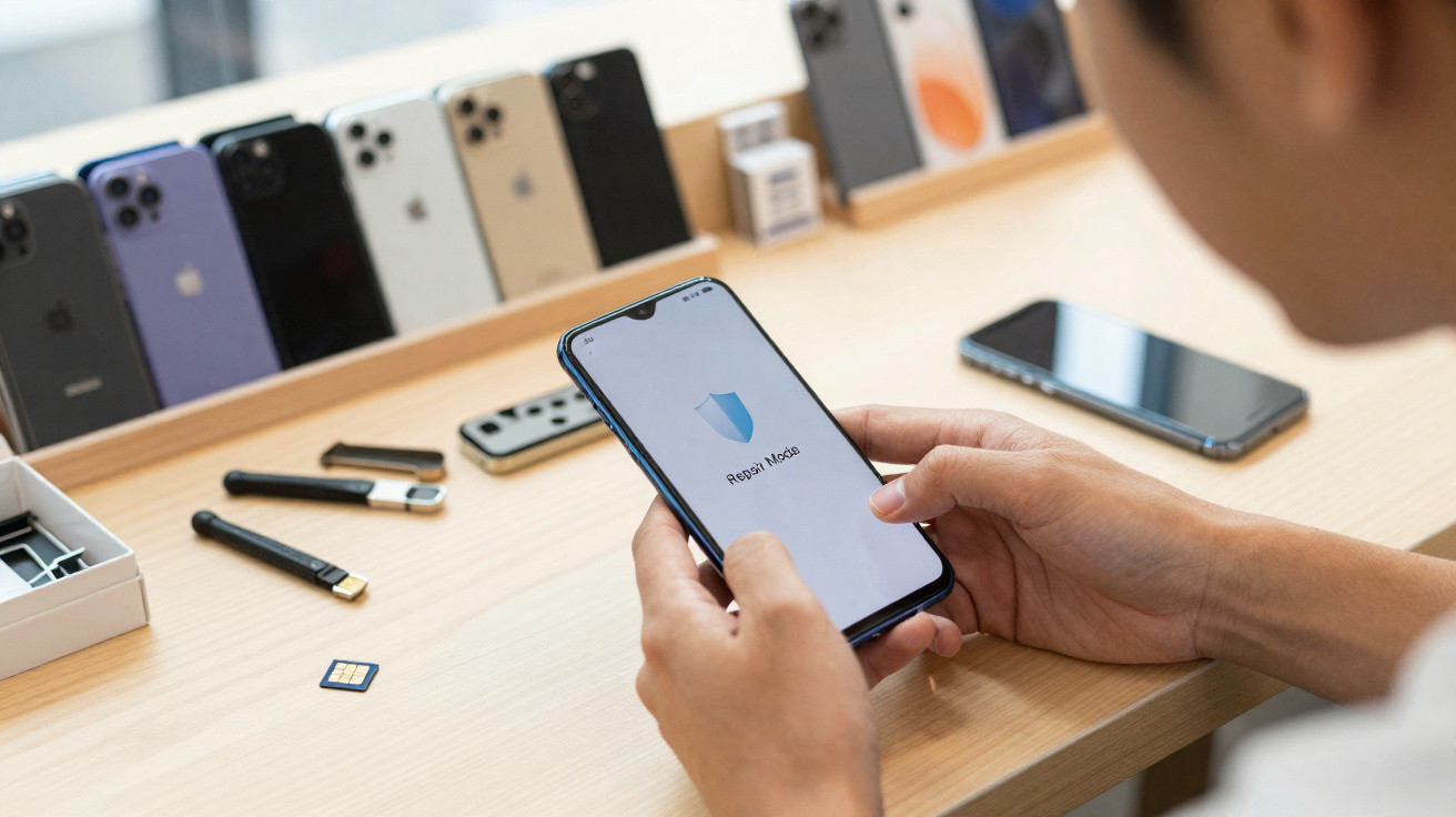 Pessoa segura telemóvel com ecrã a mostrar "Repair Mode" numa mesa com vários telemóveis e acessórios.