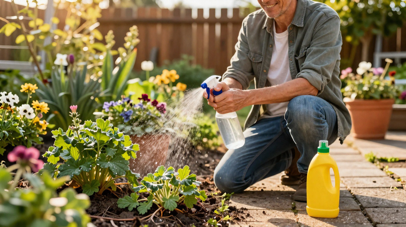 Homem rega plantas num jardim com pulverizador e produto amarelo ao lado numa manhã solarenga.
