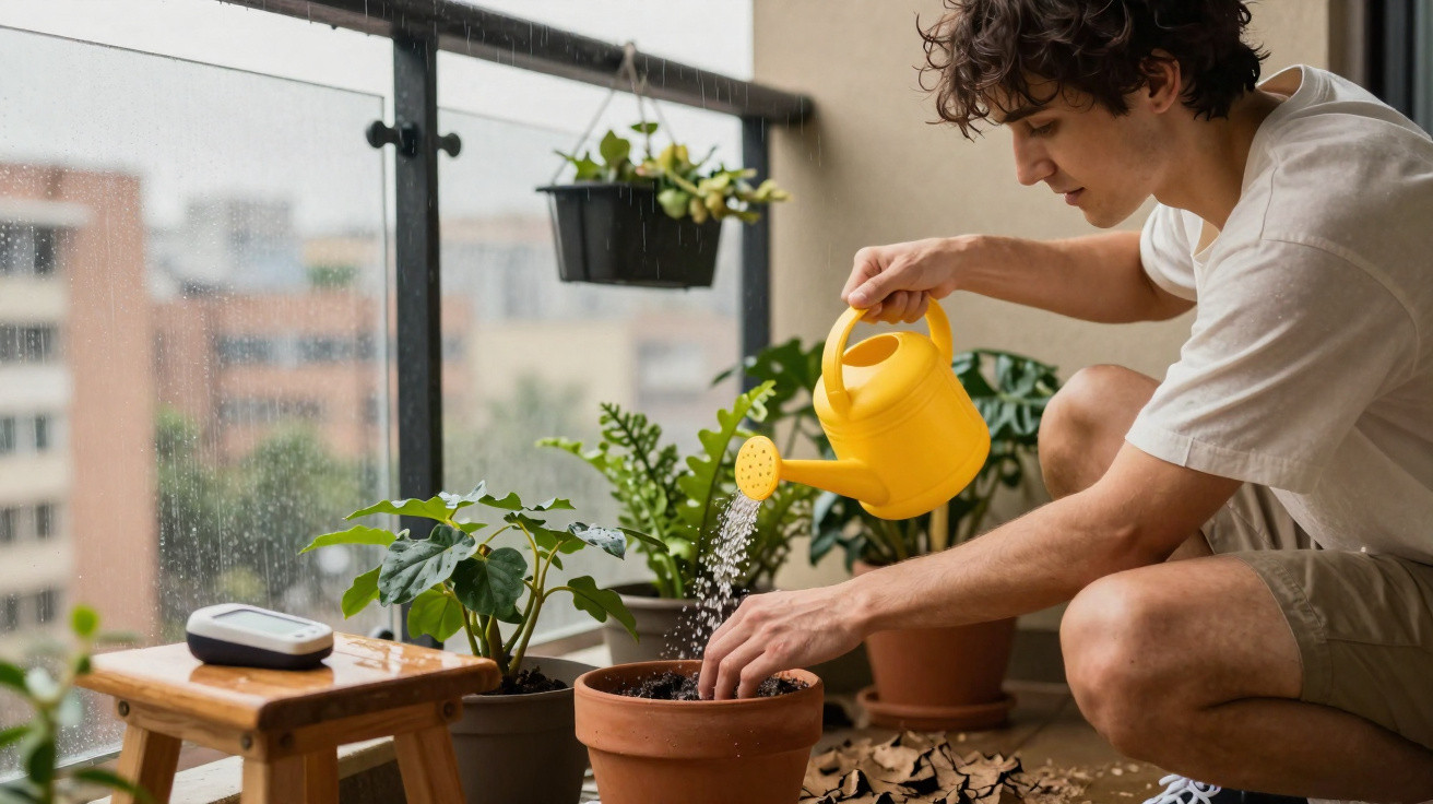 Jovem rega plantas em vasos num apartamento junto a uma janela num dia chuvoso.