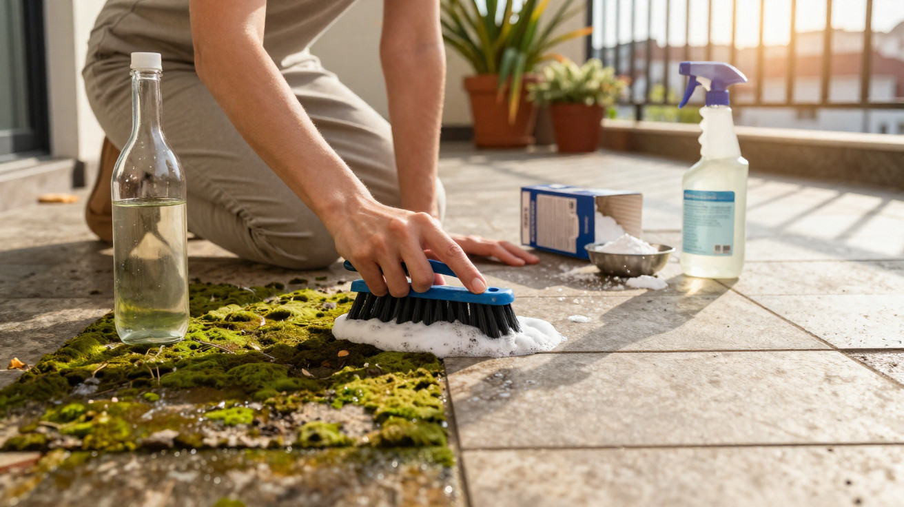 Pessoa a esfregar musgo do chão com escova, spray e produtos de limpeza num terraço com luz natural.