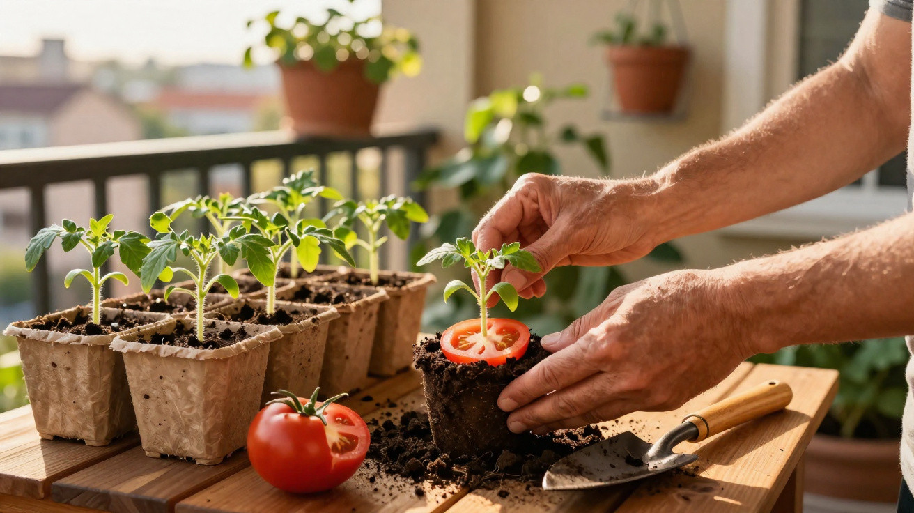 Mãos a transplantar muda de tomateiro para vaso com terra, ao lado de vários rebentos e tomates maduros.
