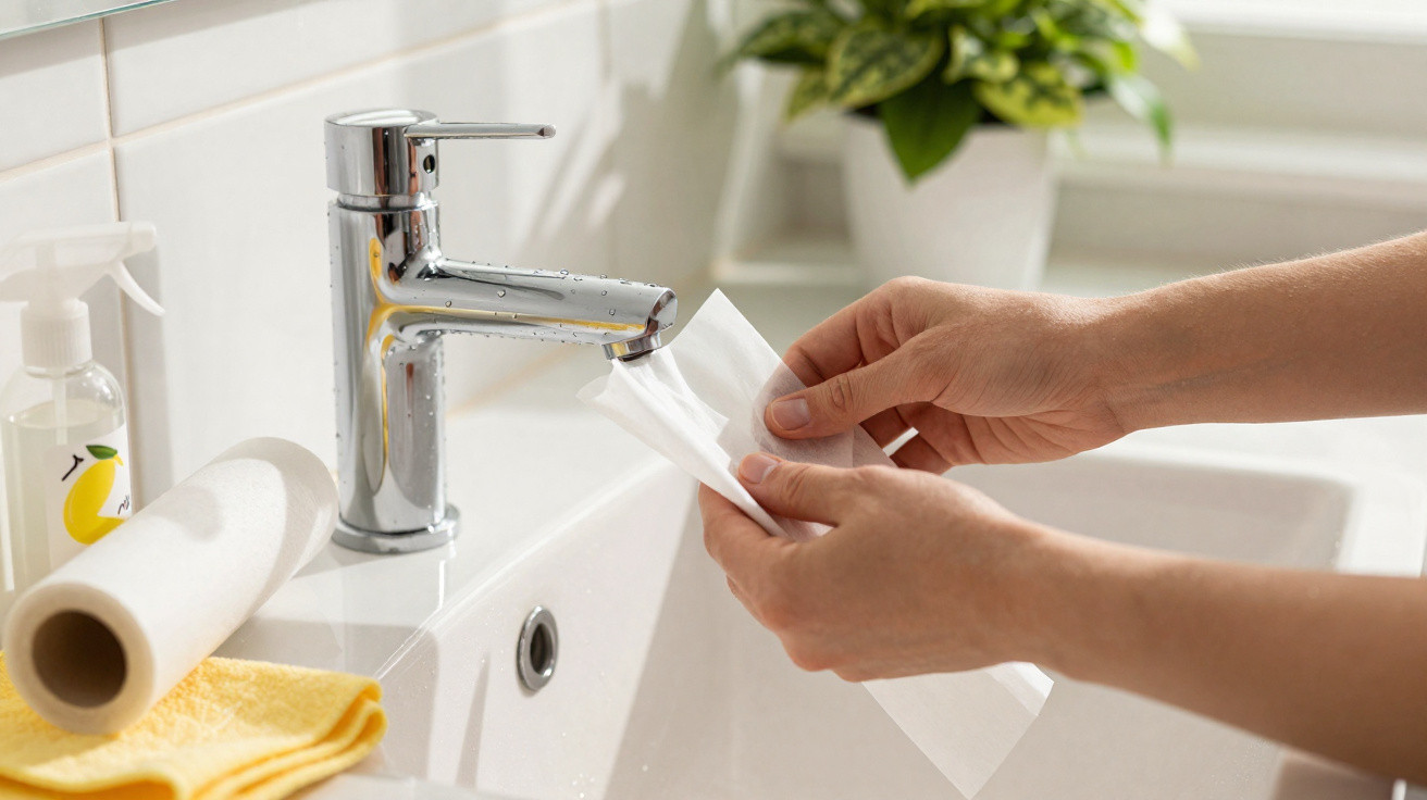 Mãos a secar com toalhetes numa torneira de lavatório, com rolo de papel e toalha amarela ao lado.