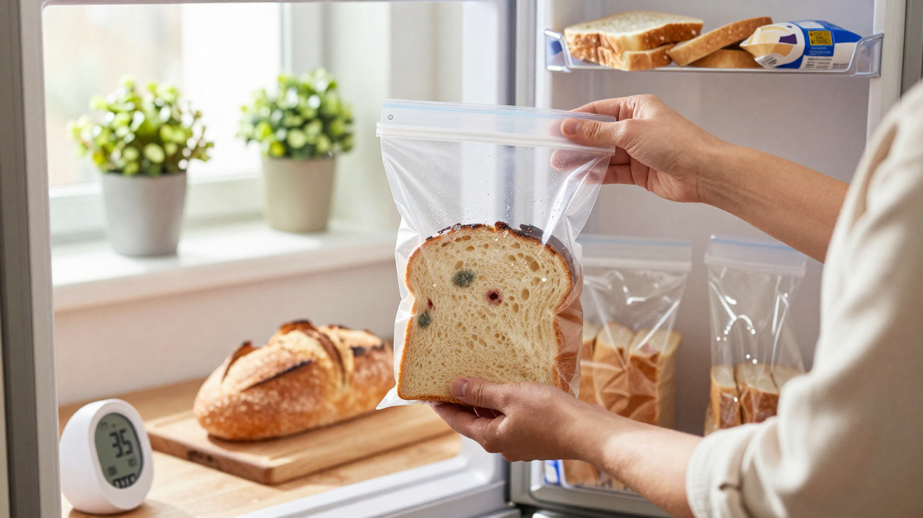 Pessoa a guardar fatias de pão com bolor num saco plástico transparente dentro do frigorífico.