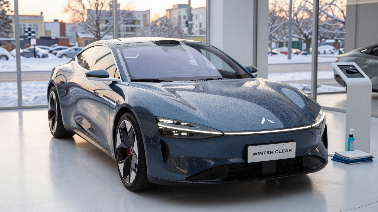 Carro elétrico moderno azul escuro com design aerodinâmico exposto numa sala com janelas grandes.