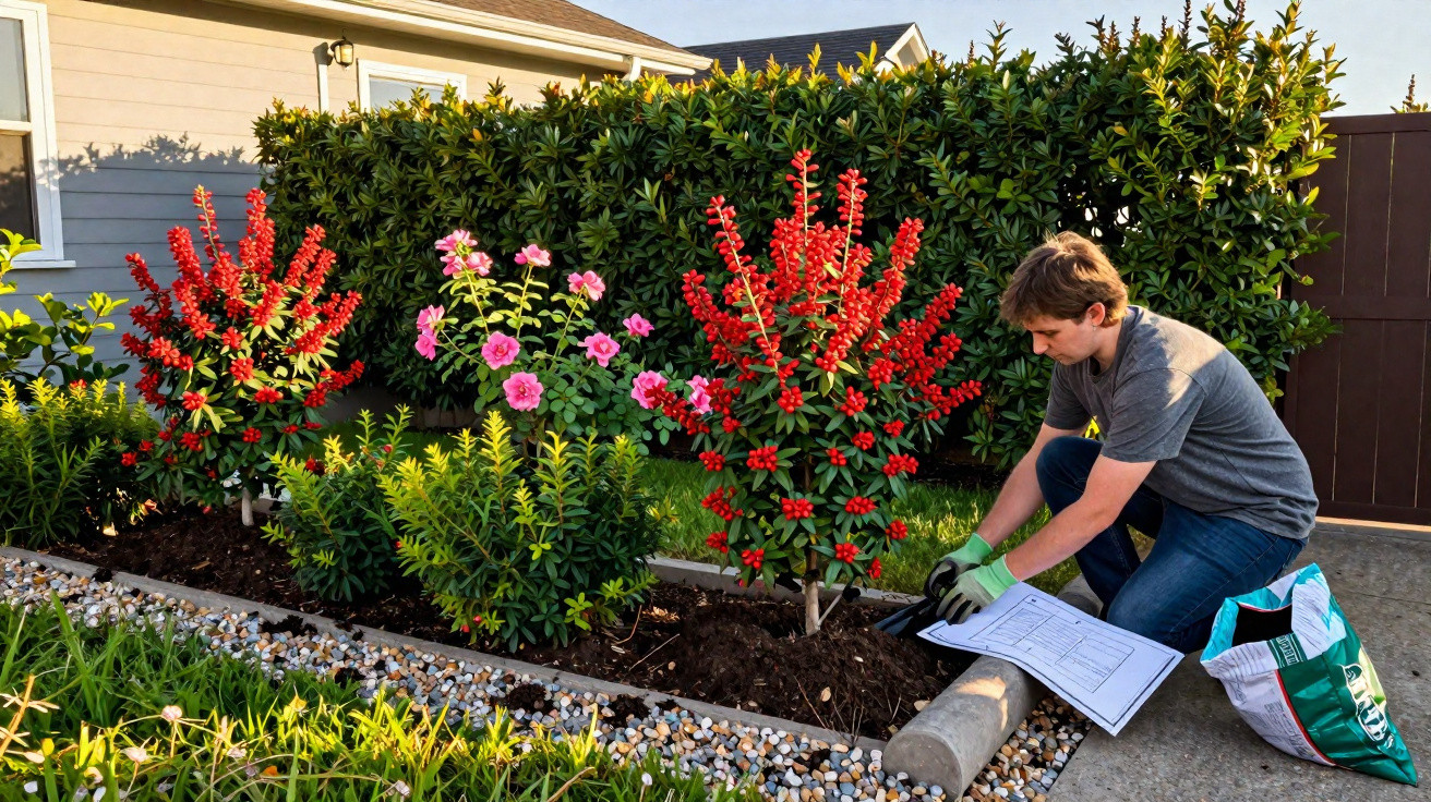 Homem a cuidar de plantas com flores vermelhas e rosas num jardim junto a uma casa.