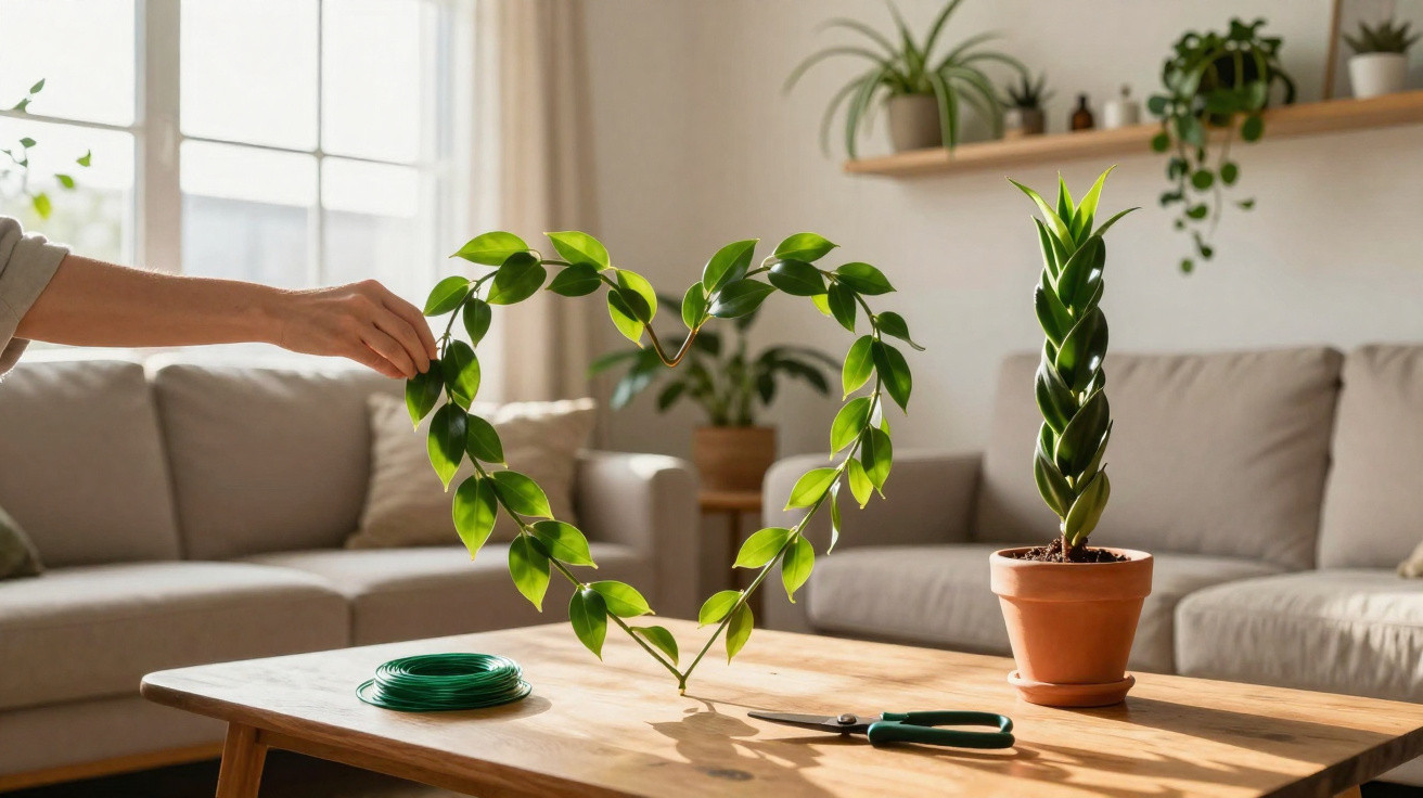 Mão formando um coração com folhas verdes num vaso, sobre uma mesa de madeira numa sala iluminada.