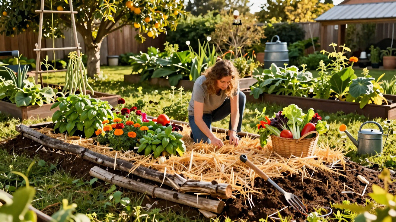 Mulher a cuidar de uma horta em canteiros com verduras, flores e legumes num jardim ensolarado.