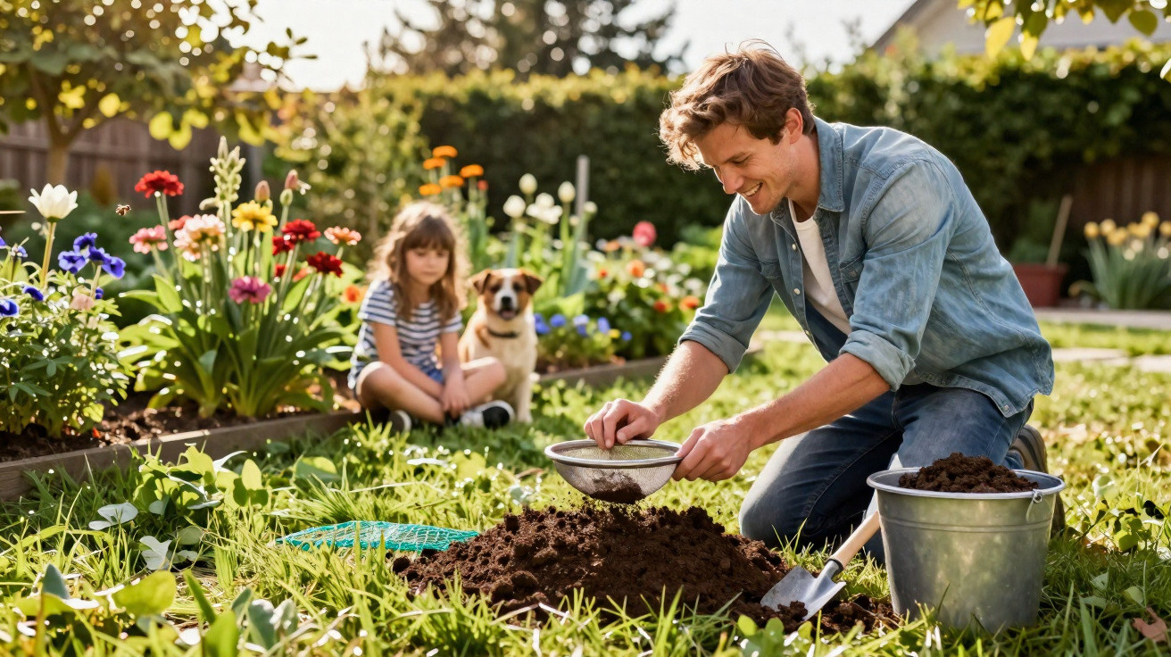 Homem a peneirar terra num jardim com menina e cão sentados junto a canteiros floridos.
