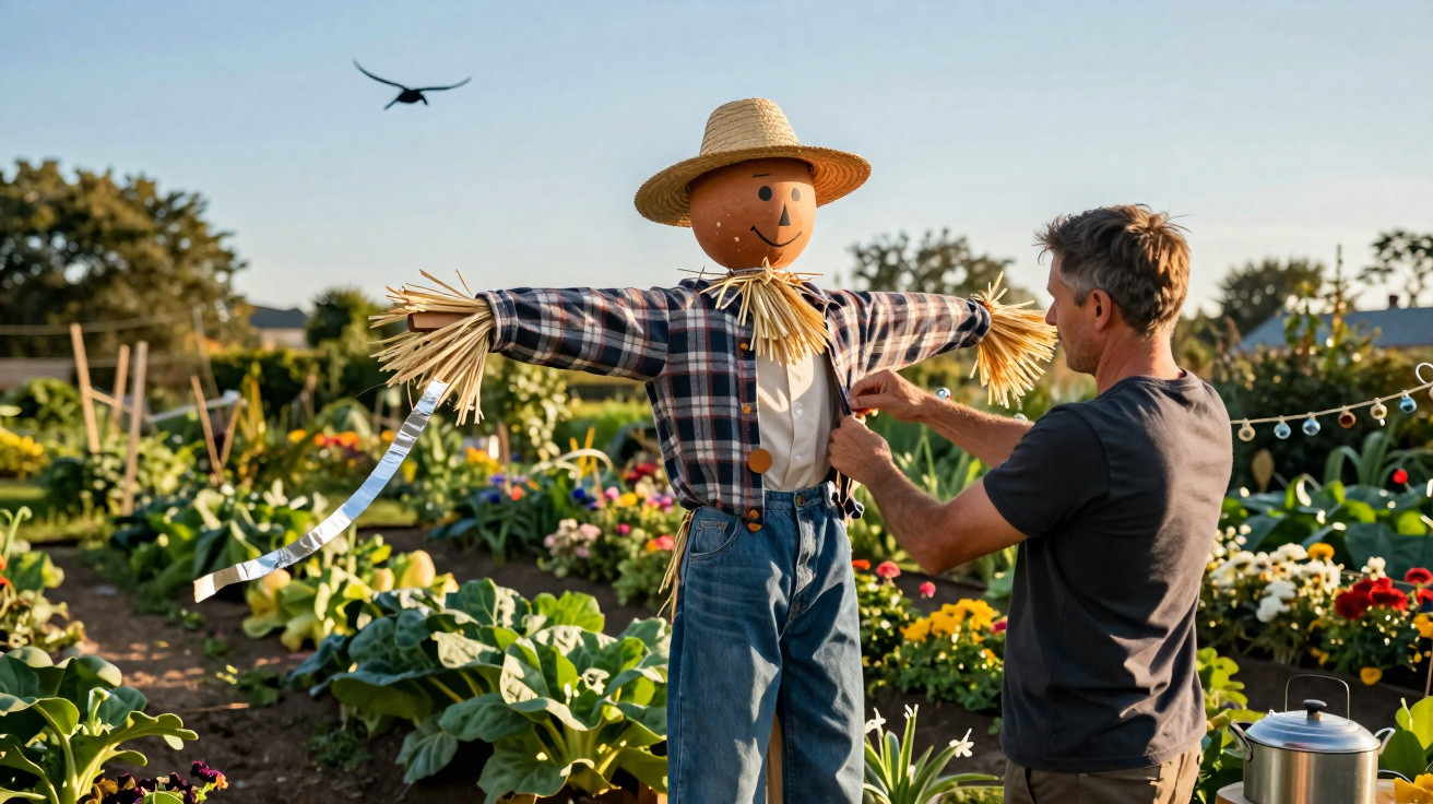 Homem a ajustar roupa de espantalho num jardim com flores e plantas sob céu limpo.