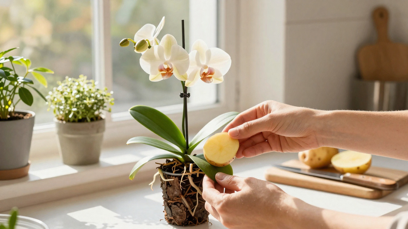 Mãos a esfregar batata em folha de orquídea para limpeza, com plantas junto à janela iluminada.